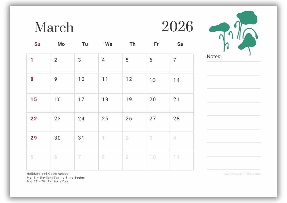 Abstract floral March calendar in landscape format with US holidays included.
