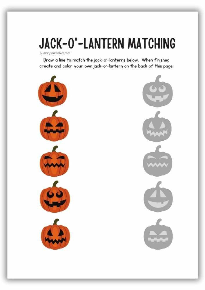 Printable Halloween matching worksheet for kids to pair jack-o’-lanterns and design one.