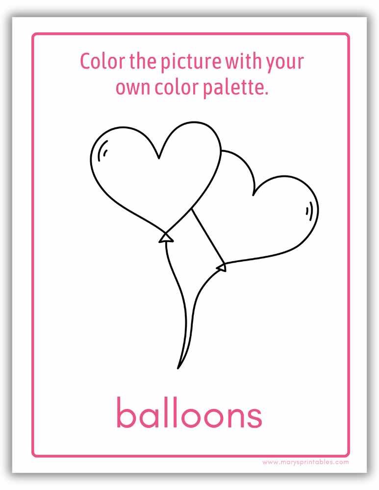 Valentine&rsquo;s Day worksheet color the picture printable for kids with two heart balloons