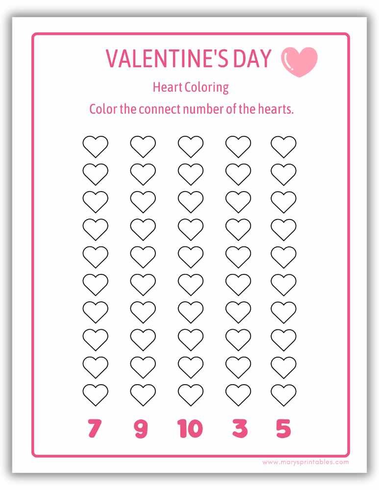Kids Valentine activity page with heart coloring worksheet