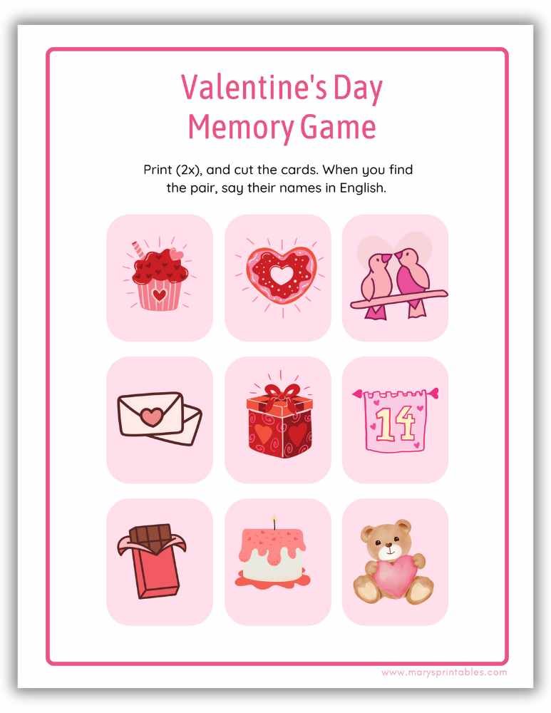 Valentine&rsquo;s Day memory matching game printable with heart and gift icons