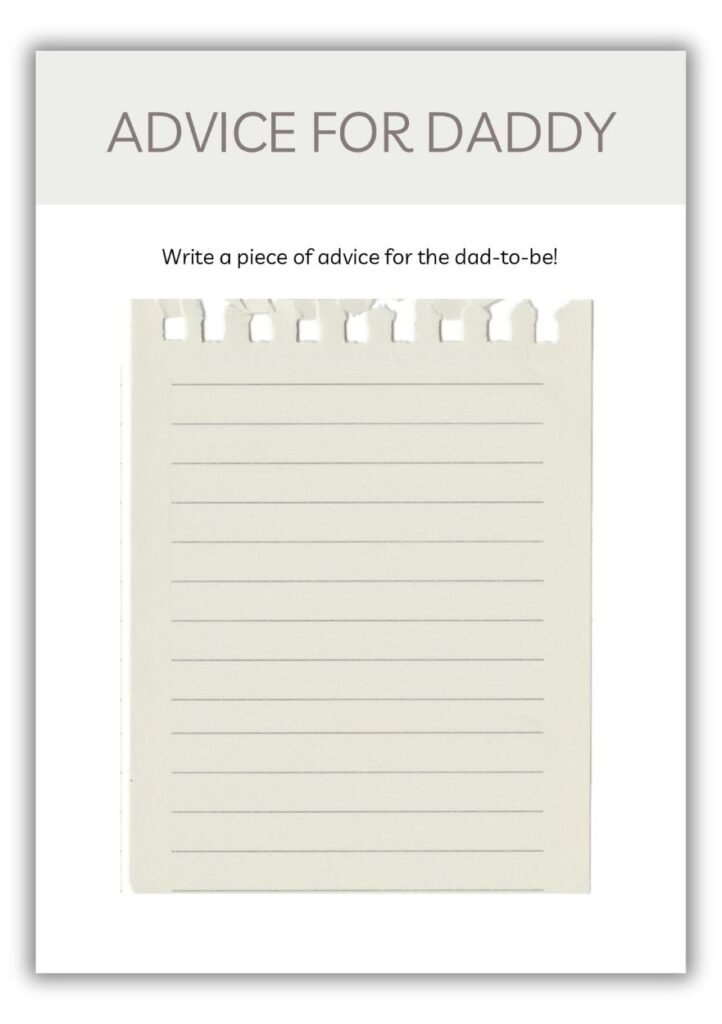 Advice for Daddy printable baby shower game with lined paper design in neutral beige and taupe theme
