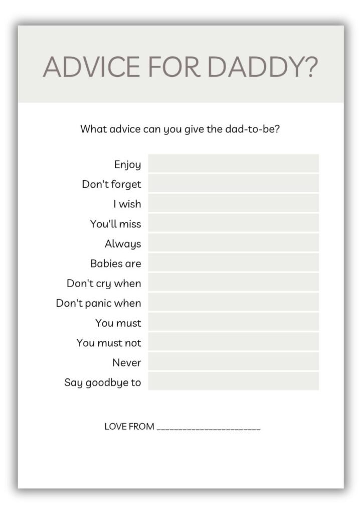 Neutral baby shower Advice for Daddy card with sentence starters and space for guests to write parenting advice.