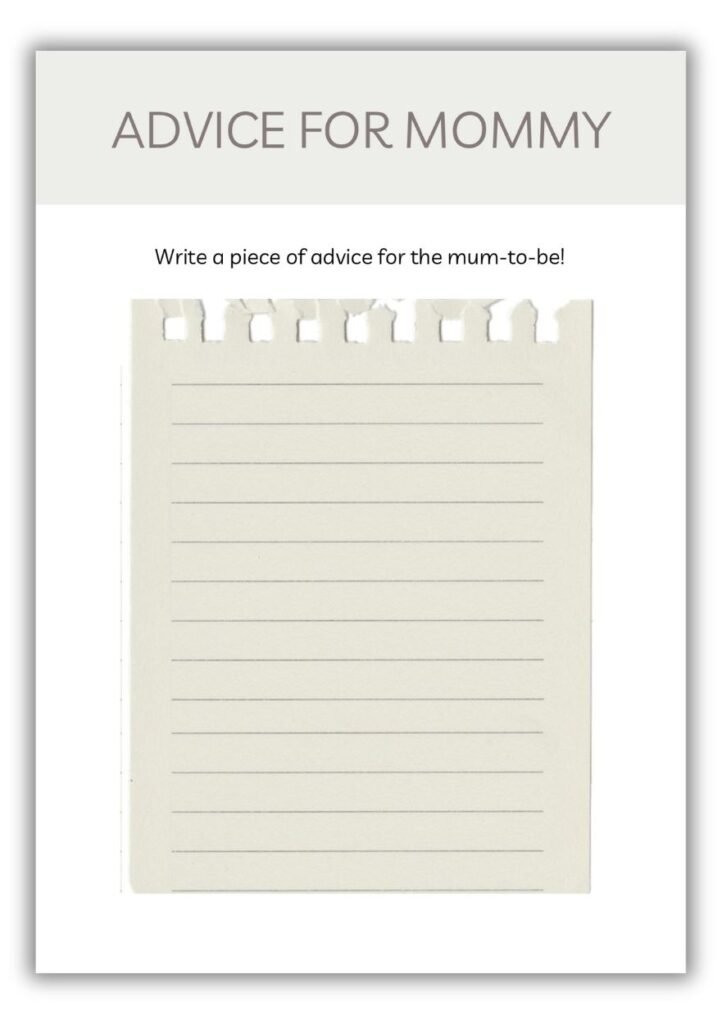 Advice for Mommy printable baby shower game with lined paper design in neutral beige and taupe theme