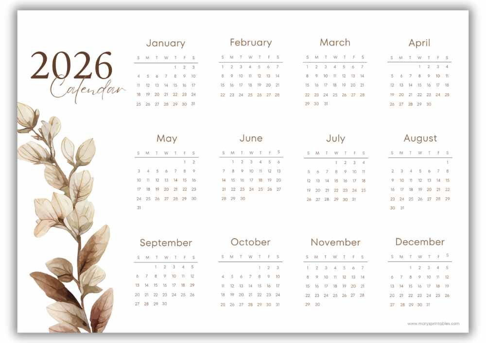 2026 landscape yearly calendar with soft neutral botanical leaves in a clean, minimalist design and no holidays included.