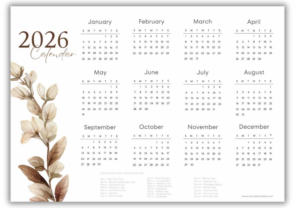 2026 landscape yearly calendar with neutral watercolor leaves and U.S. federal holidays marked in a minimalist layout.”
