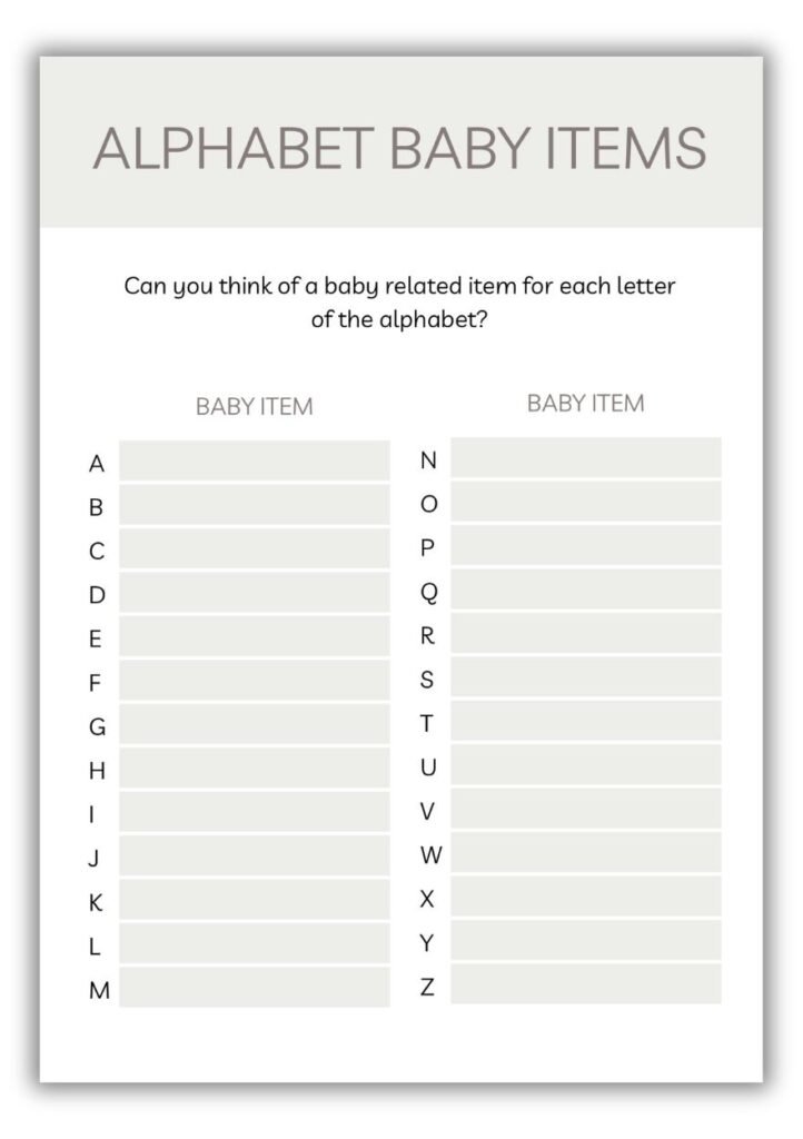 Neutral baby shower alphabet baby items game with A to Z list where guests fill in baby-related items for each letter.