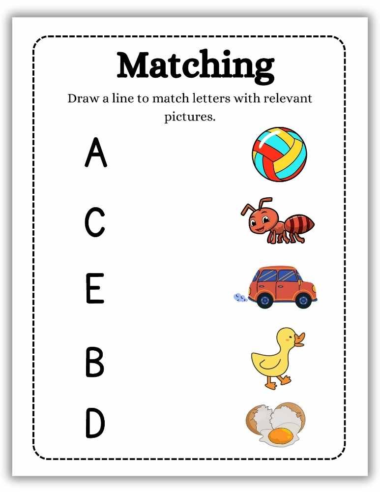 Alphabet picture matching worksheet for preschool and kindergarten learners