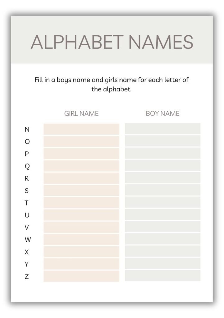 Neutral minimalist baby shower alphabet names game featuring N–Z list with columns for girl name and boy name.