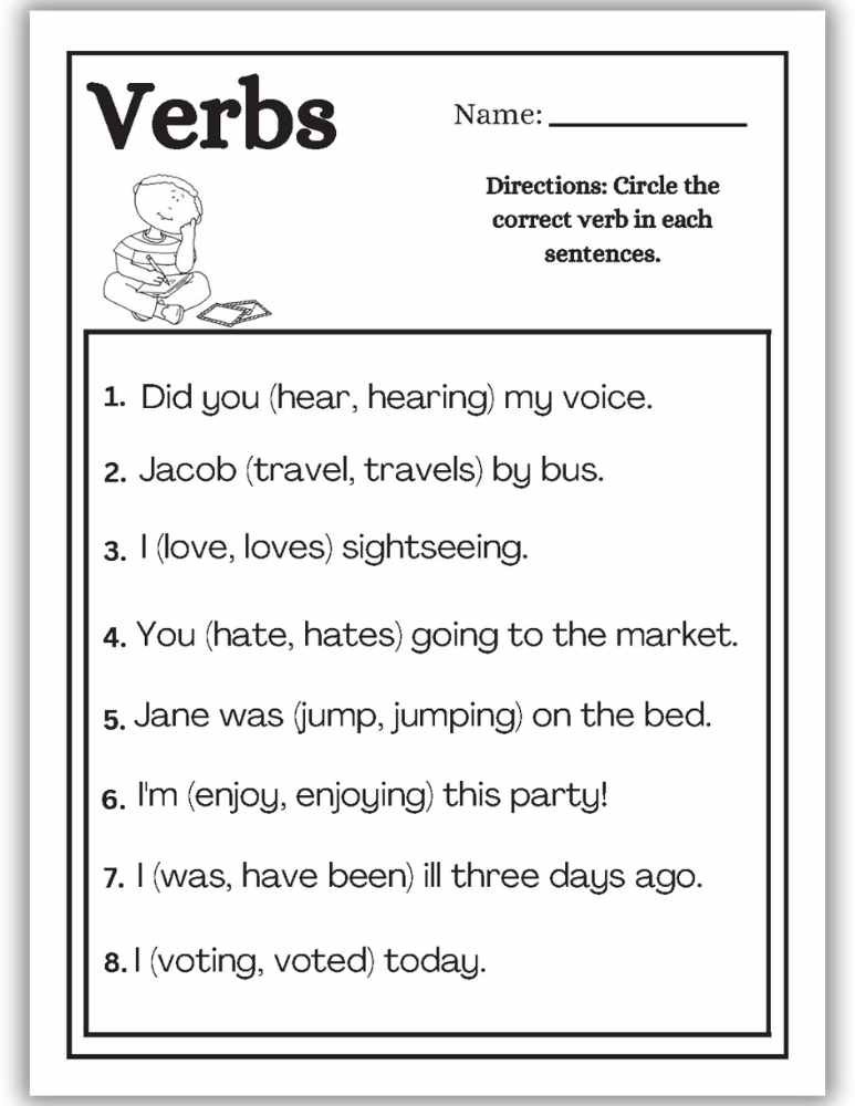 Printable verb worksheet designed to build confidence with sentence structure