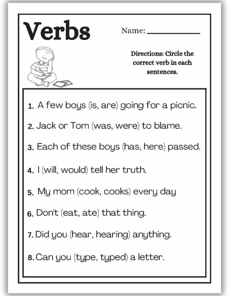 Verb identification worksheet using short sentences for early learners
