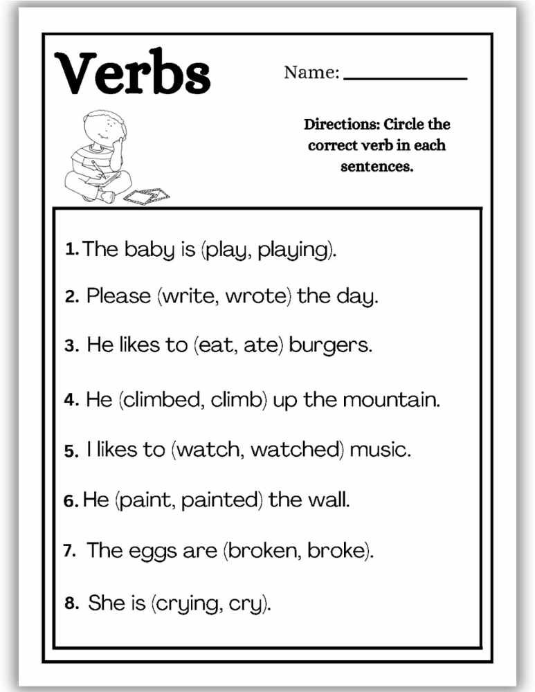 Grammar practice worksheet that helps children recognize correct verbs in context