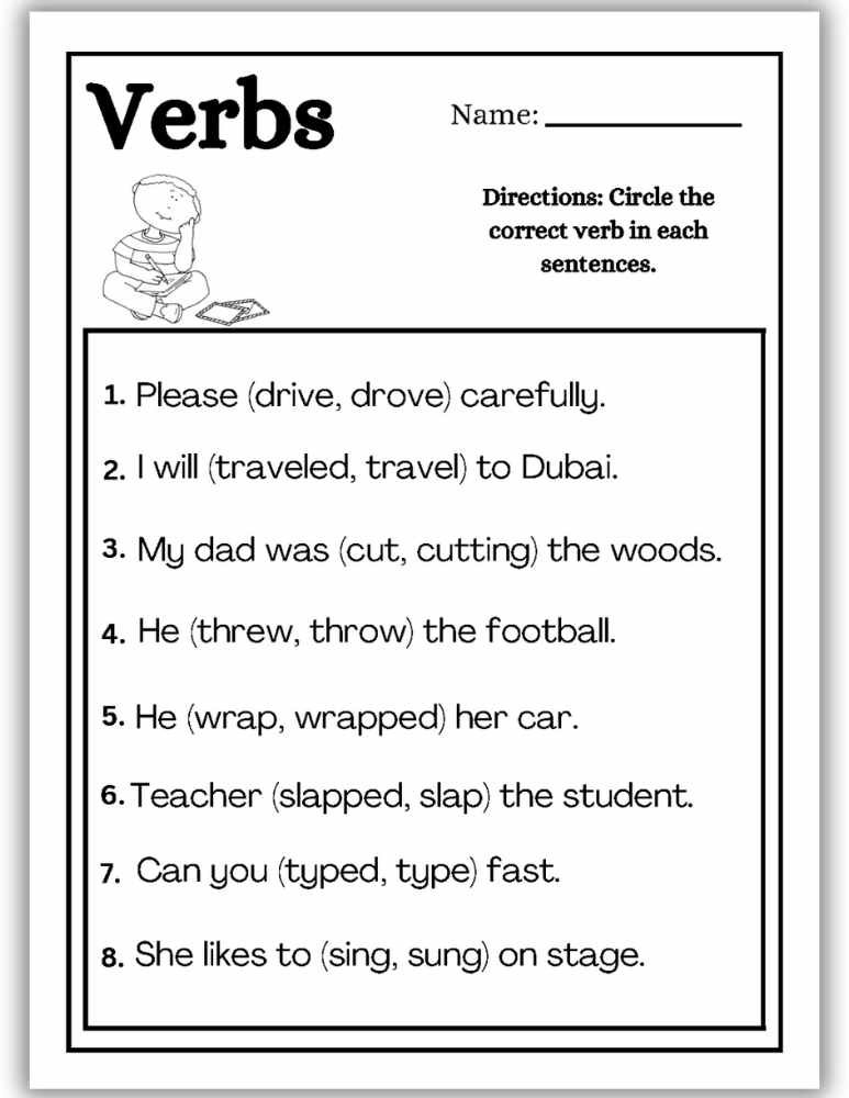 Basic verbs worksheet for kids practicing verb usage in simple sentences