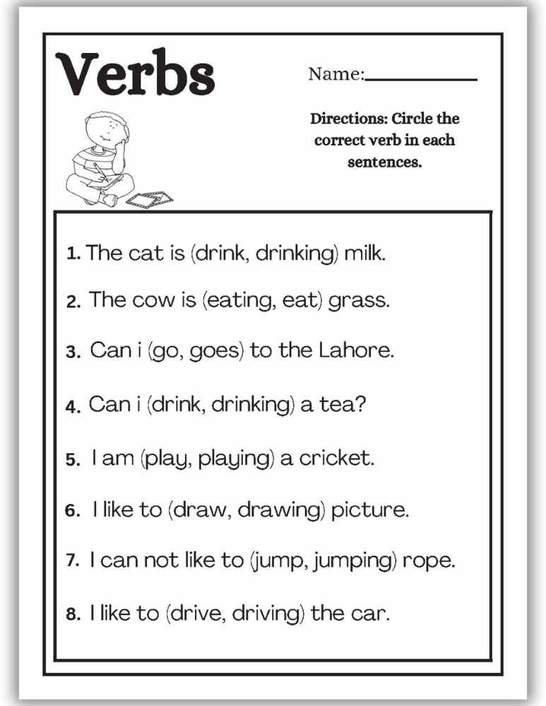 Printable grammar worksheet helping kids choose the correct verb in each sentence