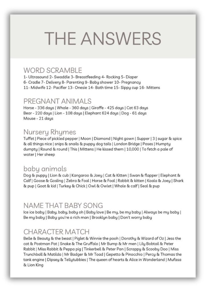 Printable Baby Shower Games Answers Part 1