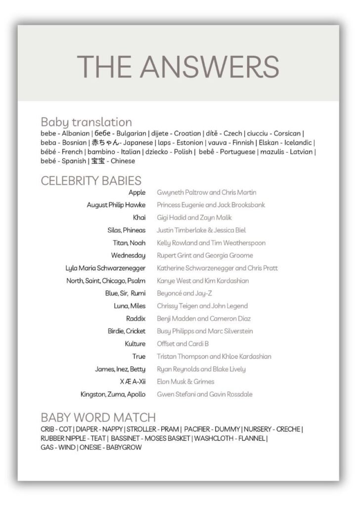 Printable Baby Shower Games Answers Part 2