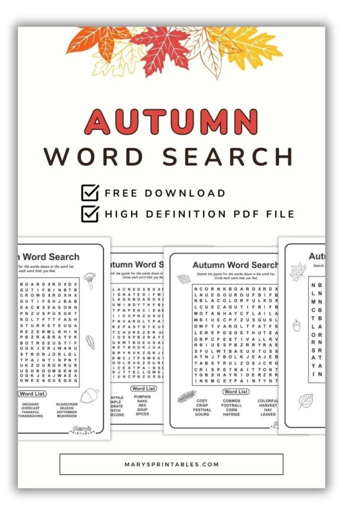 Browse free printable autumn word search puzzles with fall themes
