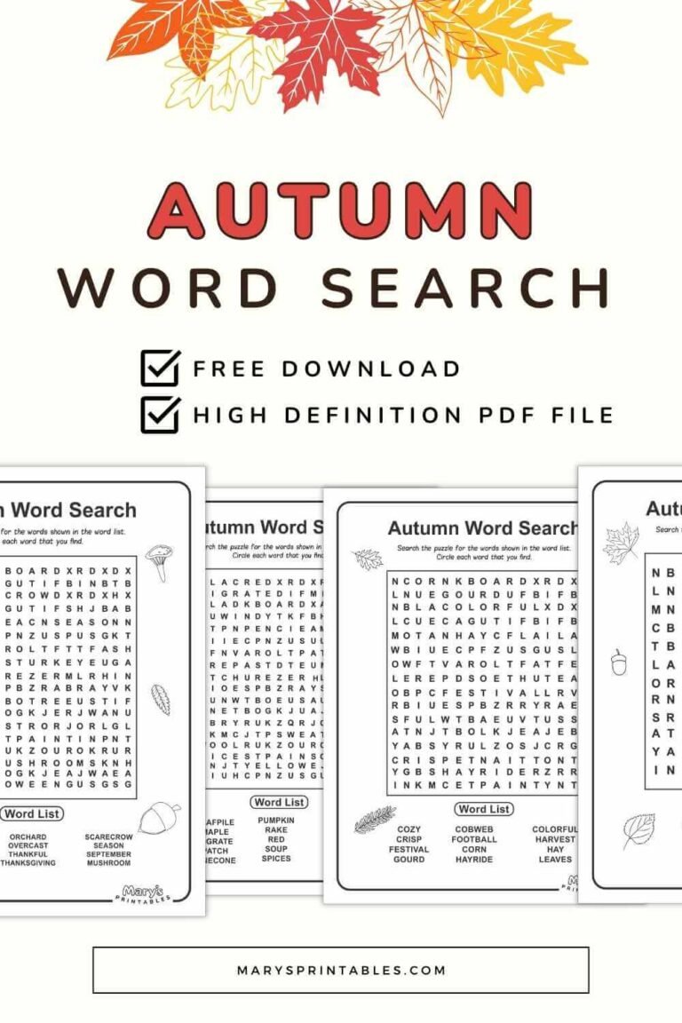 Printable Autumn Word Search to Warm Up Your Word Game Fun – Instant Download