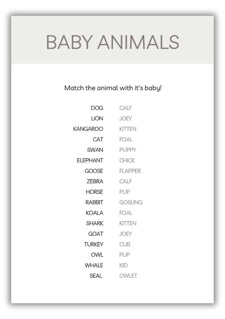Neutral baby shower baby animals matching game featuring animals like dog, lion, kangaroo, elephant, and whale paired with baby names like calf, joey, kitten, and pup.