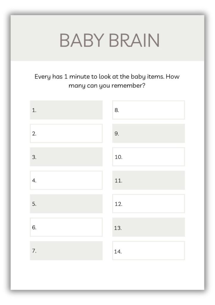Baby Brain baby shower game printable with memory challenge instructions and numbered answer boxes 1 to 14 in neutral grey design
