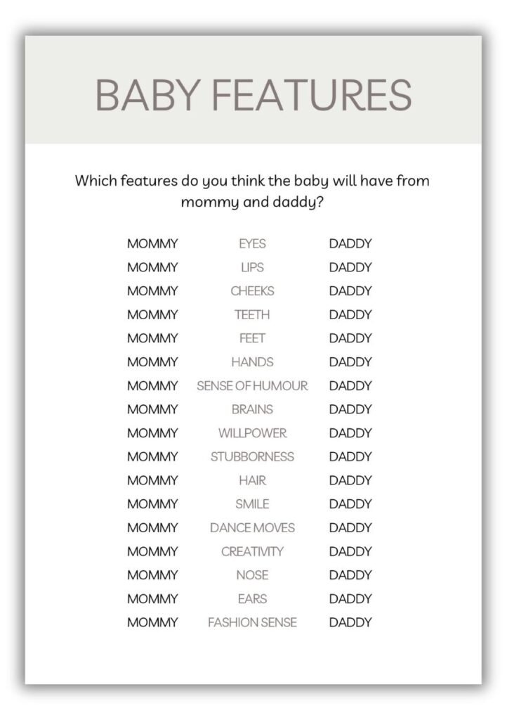 Baby Features baby shower game printable with mommy or daddy trait choices in neutral pastel taupe design.
