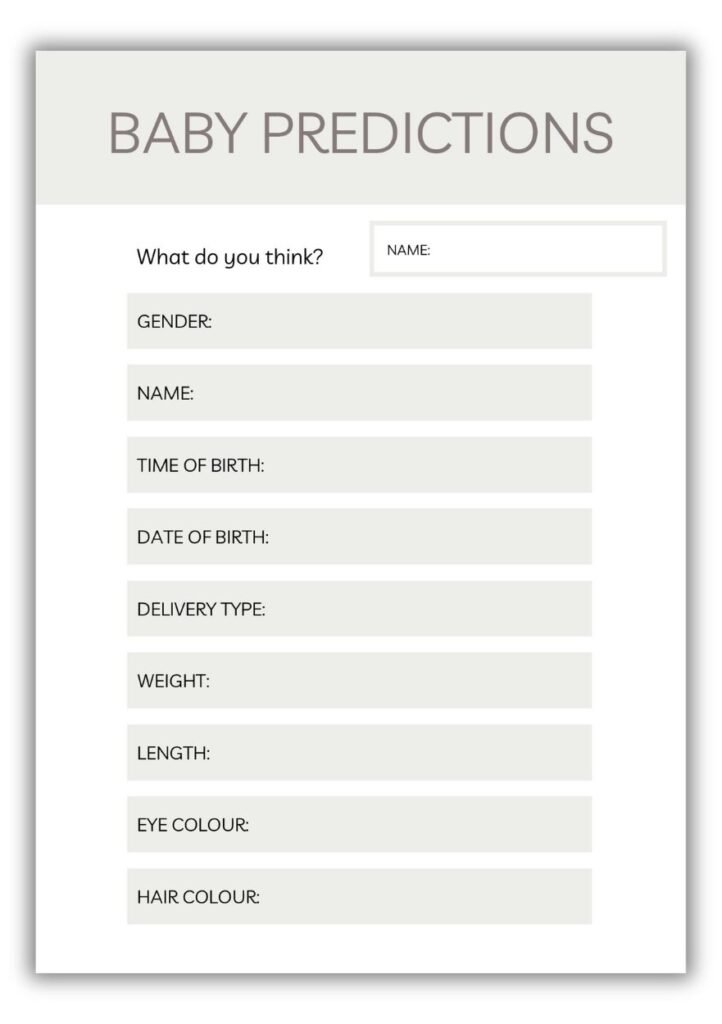 Baby Predictions printable baby shower game with sections for gender, name, time of birth, date, weight, length, eye colour and hair colour in neutral taupe design