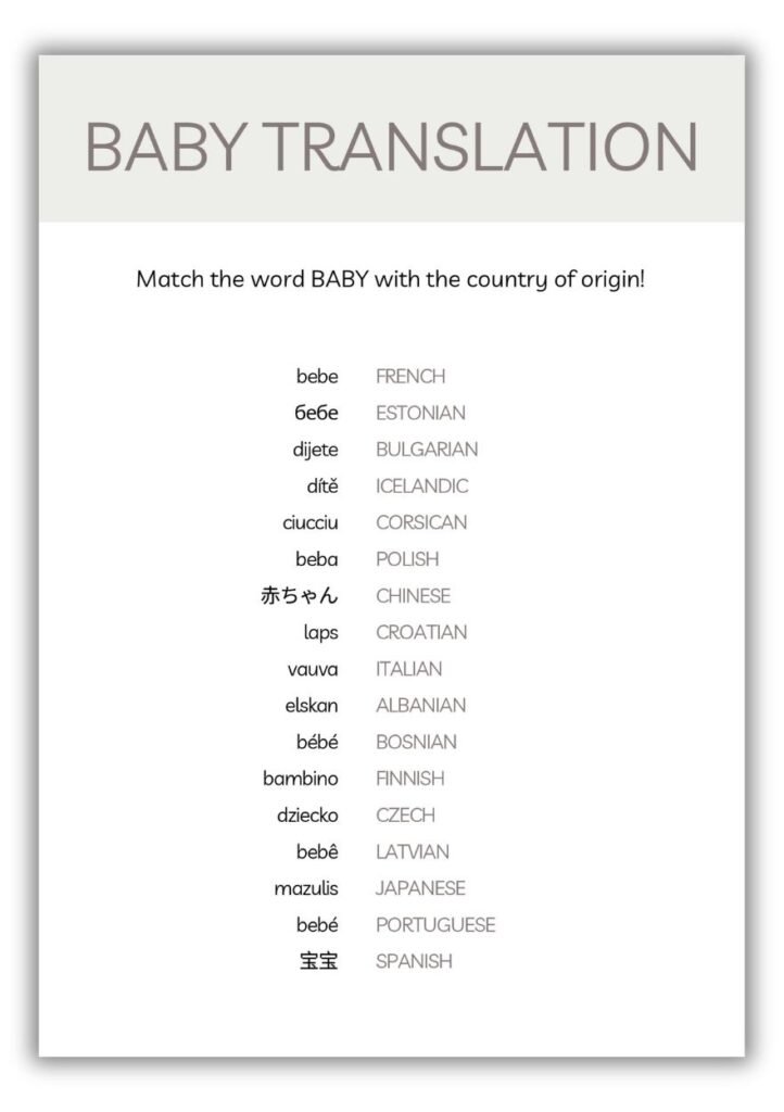 Neutral baby shower Baby Translation printable featuring international words for baby and matching country list.