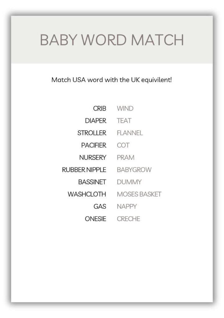 Baby Word Match printable baby shower game featuring USA vs UK baby terms in neutral gray pastel design