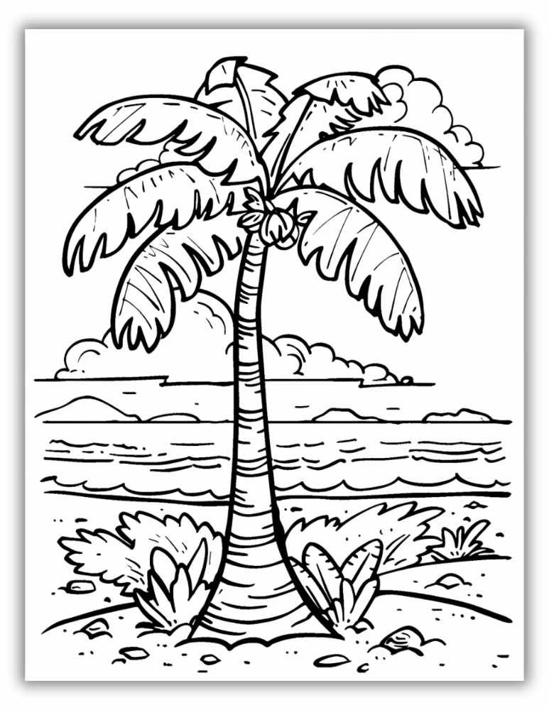 Detailed beach coloring pages with palm trees, shells, and tropical views