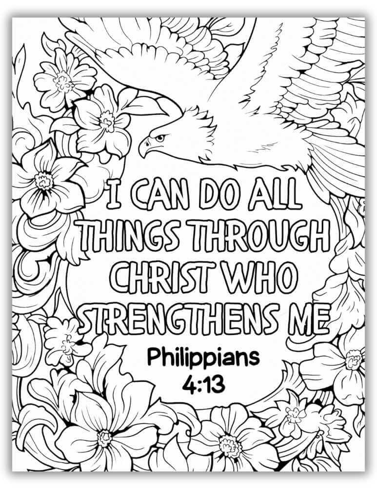 Bible verse coloring page printable with Philippians 4:13 “I Can Do All Things Through Christ” and an eagle surrounded by floral designs.