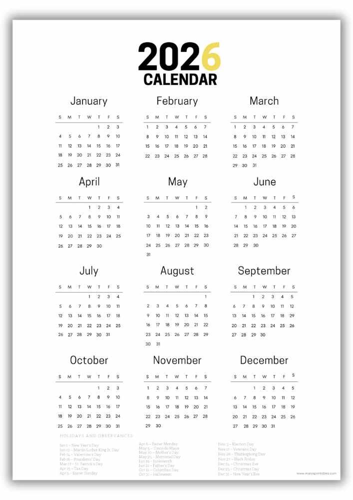 2026 yearly calendar in bold modern typography with clean black and yellow accents, featuring a vertical layout and a full list of U.S. holidays at the bottom.