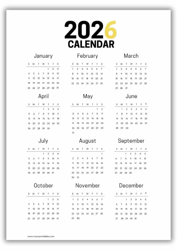 2026 bold modern typography calendar with a clean all-months layout, designed with no holiday indicators for flexible use.