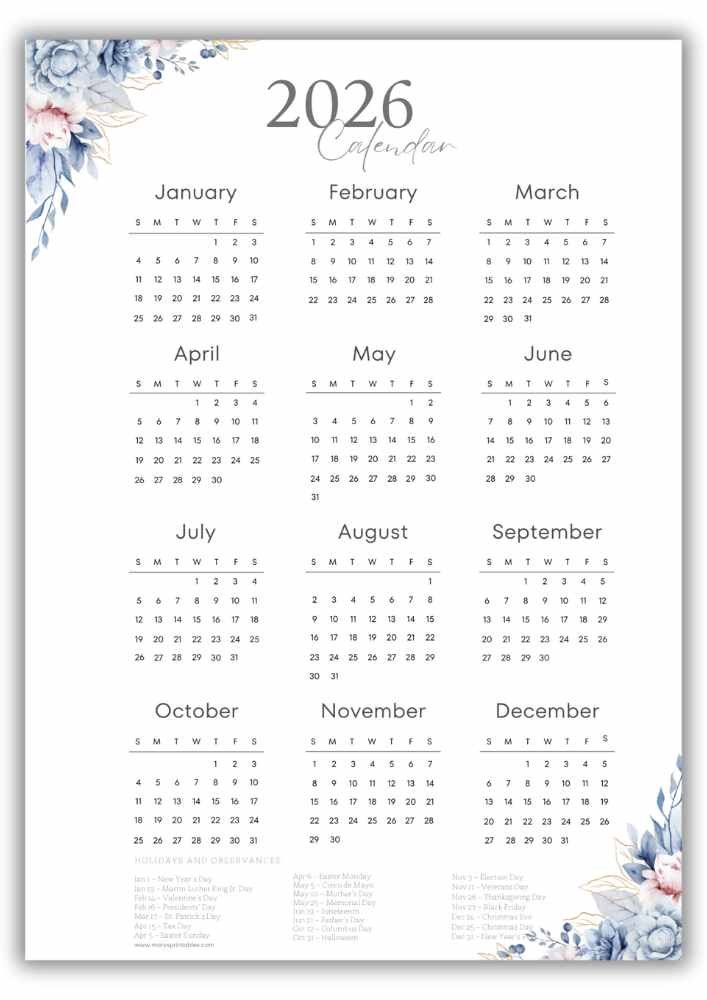 Elegant 2026 calendar decorated with blue watercolor florals, presenting a full-year layout along with clearly listed U.S. holidays.”