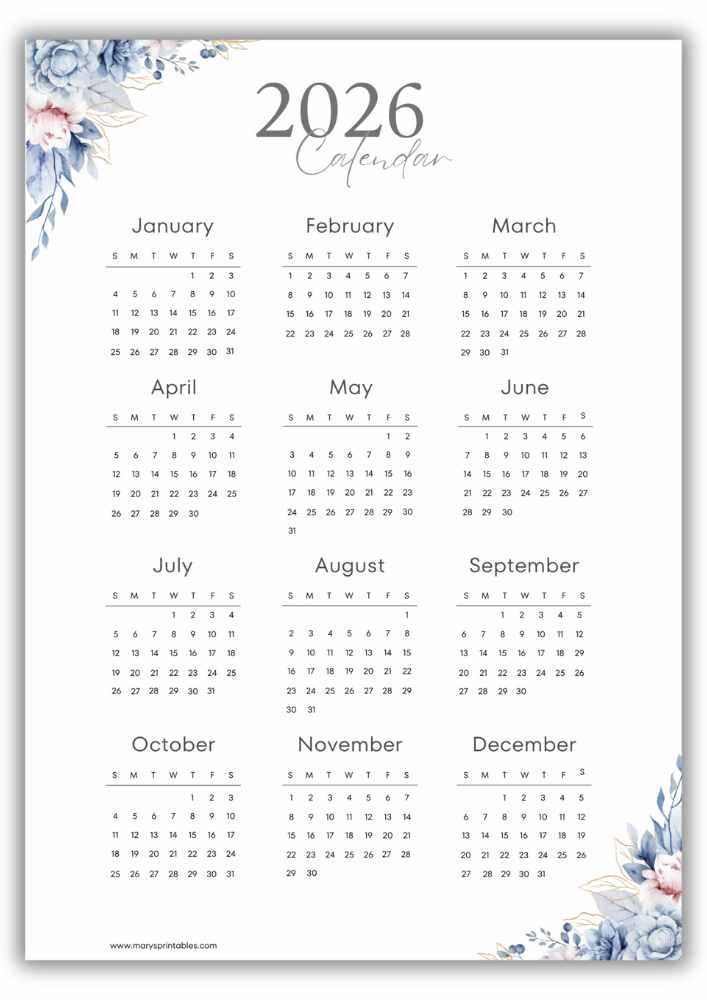 2026 year-at-a-glance calendar with delicate blue watercolor floral borders and a clean month grid layout without holidays included.