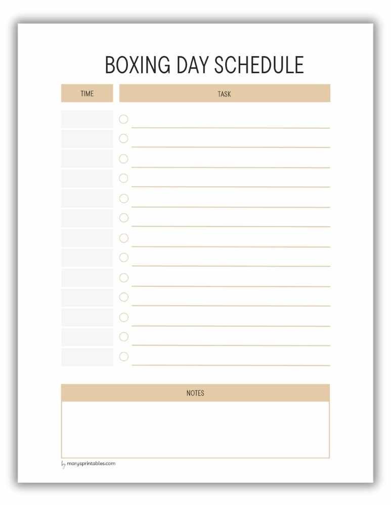 Gold Boxing Day schedule printable for festive day planning