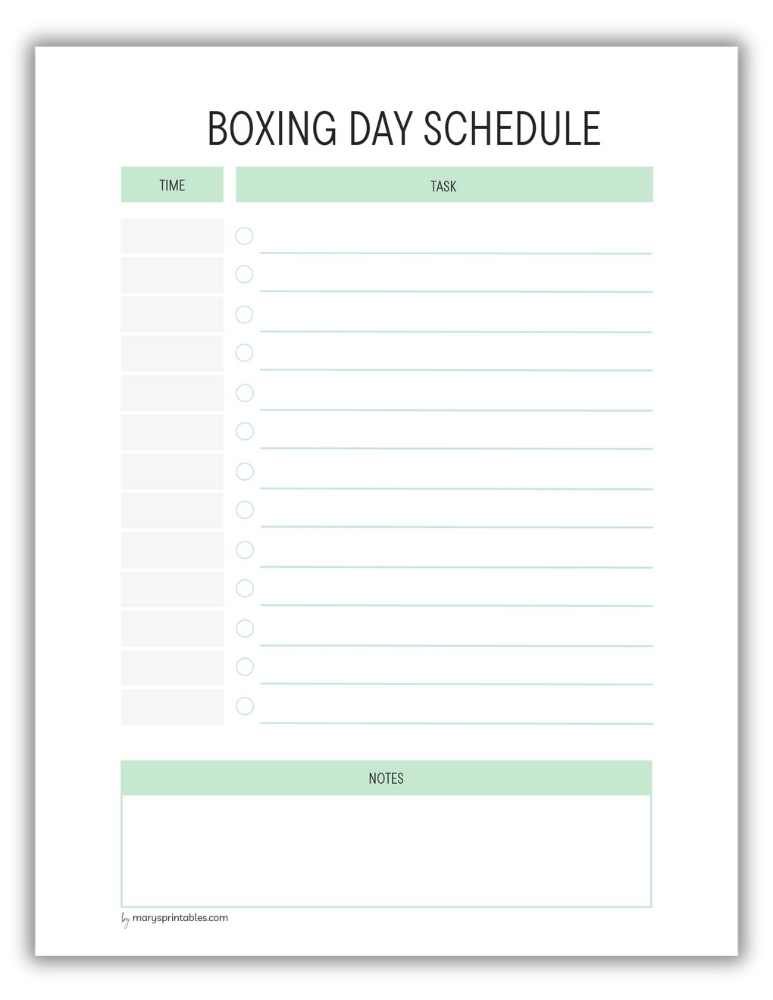 Green Boxing Day schedule printable for holiday wrap-up planning