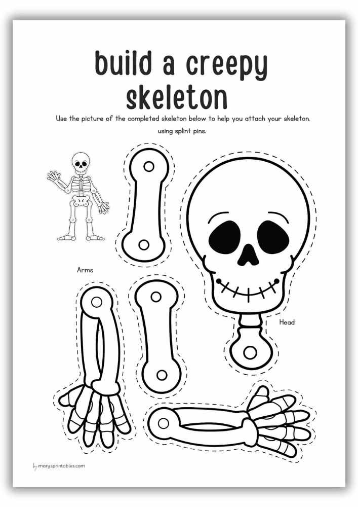Printable Halloween craft for kids to cut out and assemble a skeleton with pins.