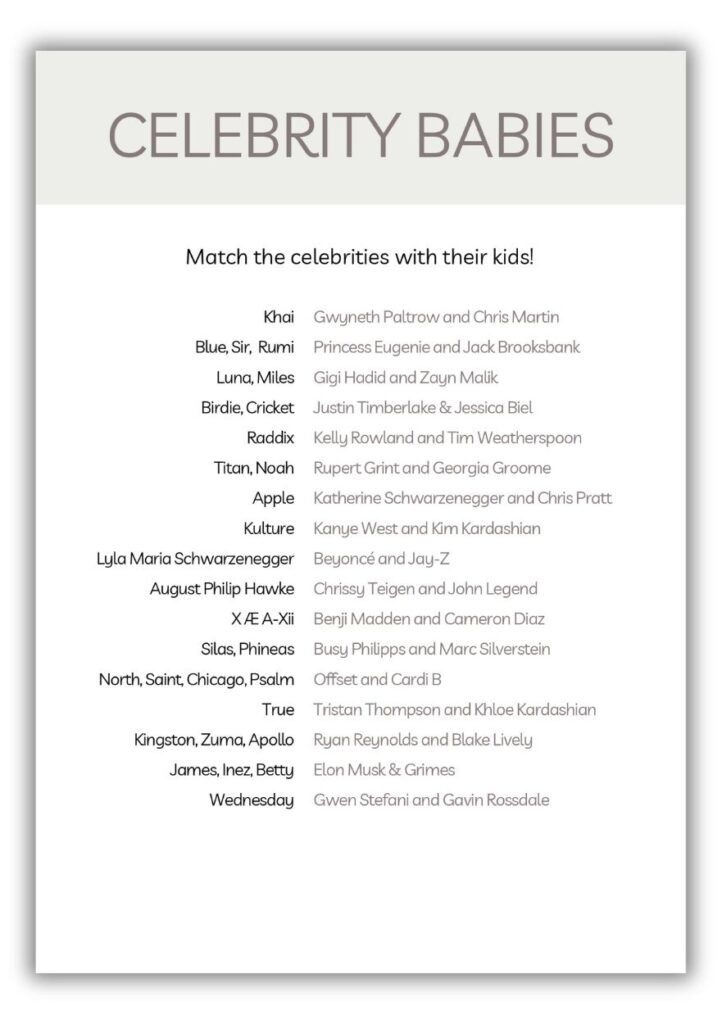 Celebrity Babies baby shower game printable matching celebrity parents with their children neutral gray design