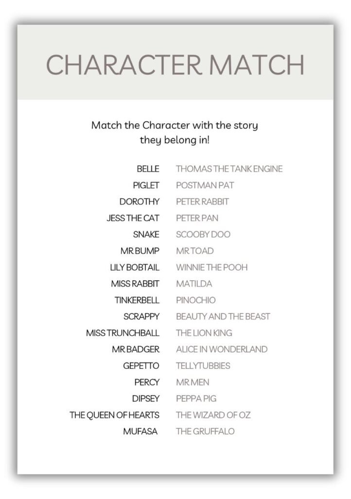 Neutral minimalist baby shower Character Match printable game with character names and story titles to match.