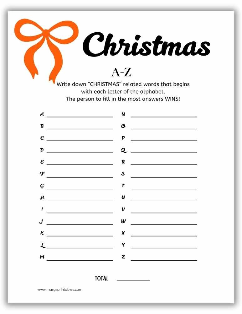 Printable Christmas A to Z game – fun holiday alphabet challenge for all ages.