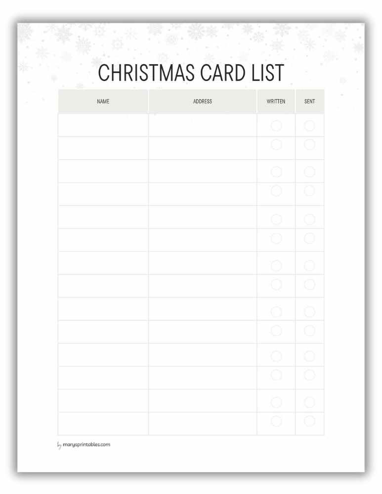 Snow-themed Christmas card list printable for winter planning