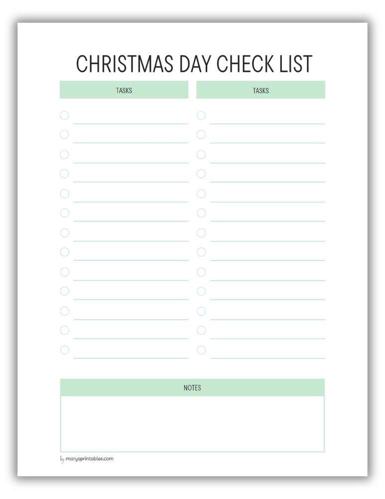Green Christmas Day checklist printable for daily planning Version 2
