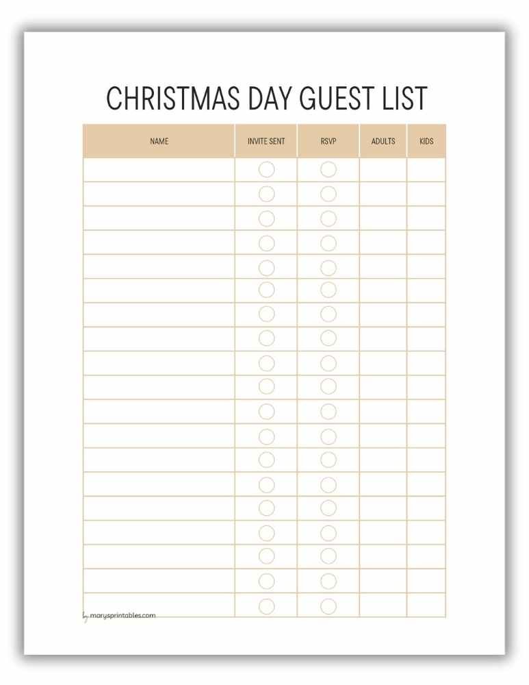 Gold Christmas Day guest list printable for festive organization