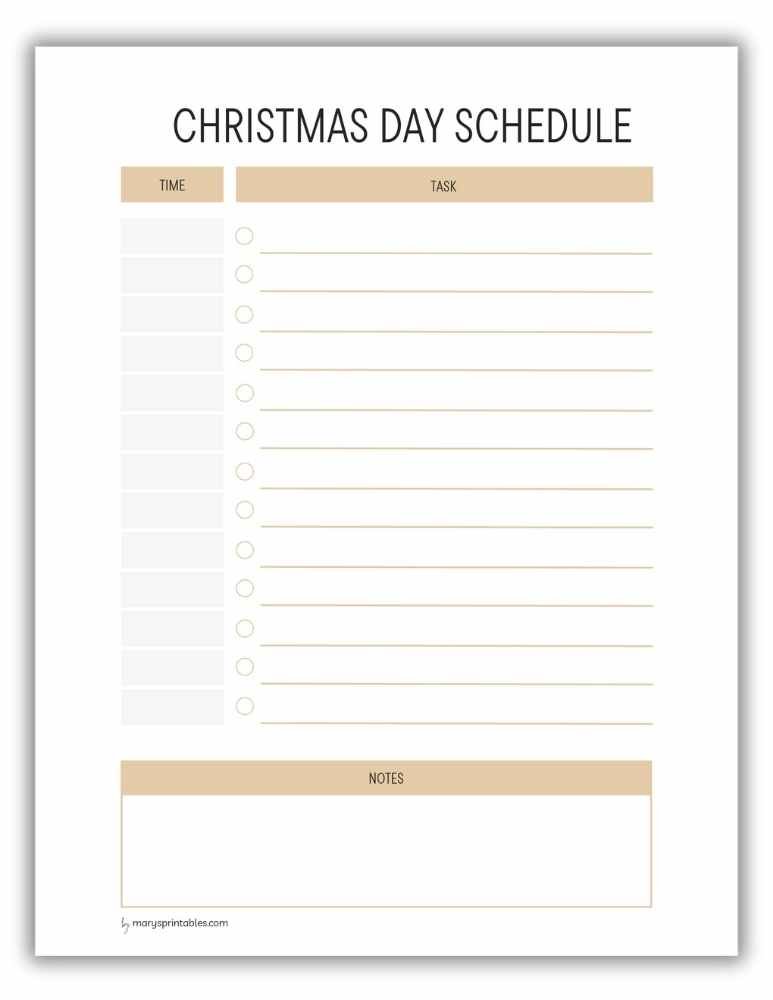 Gold Christmas day schedule printable for holiday organization