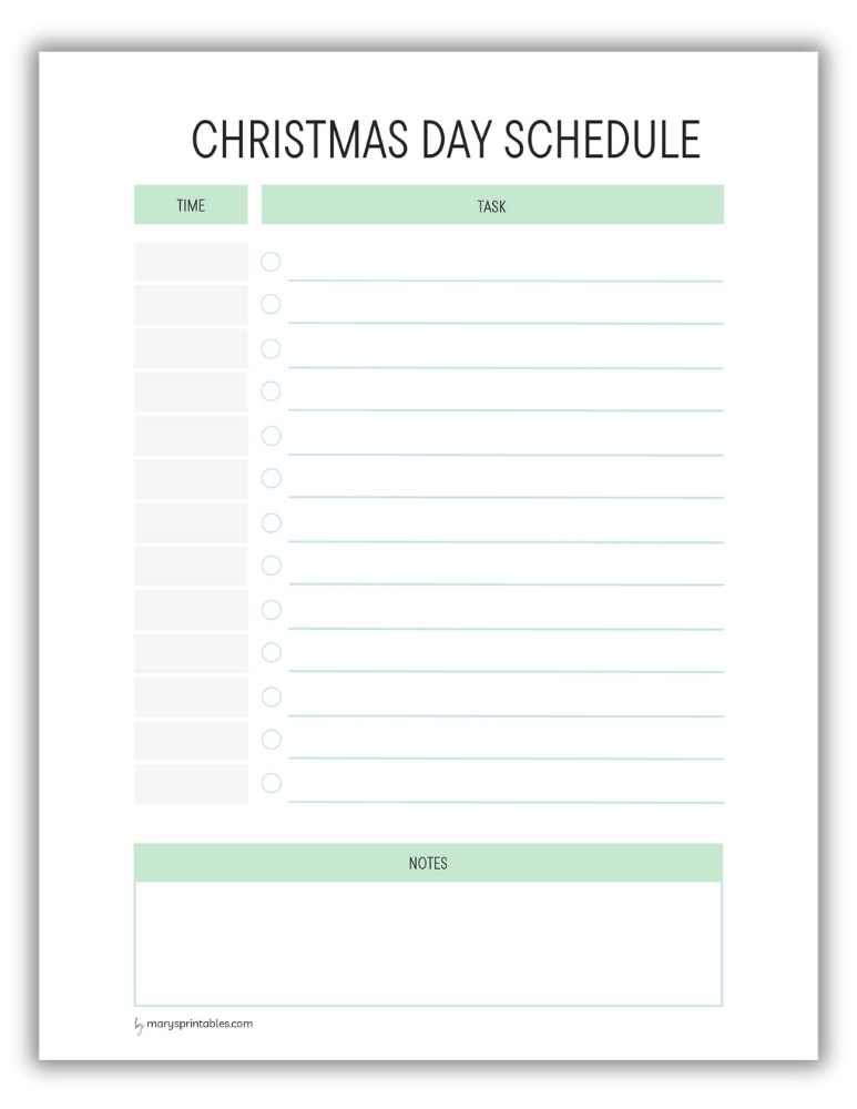 Green Christmas day schedule printable for festive planning