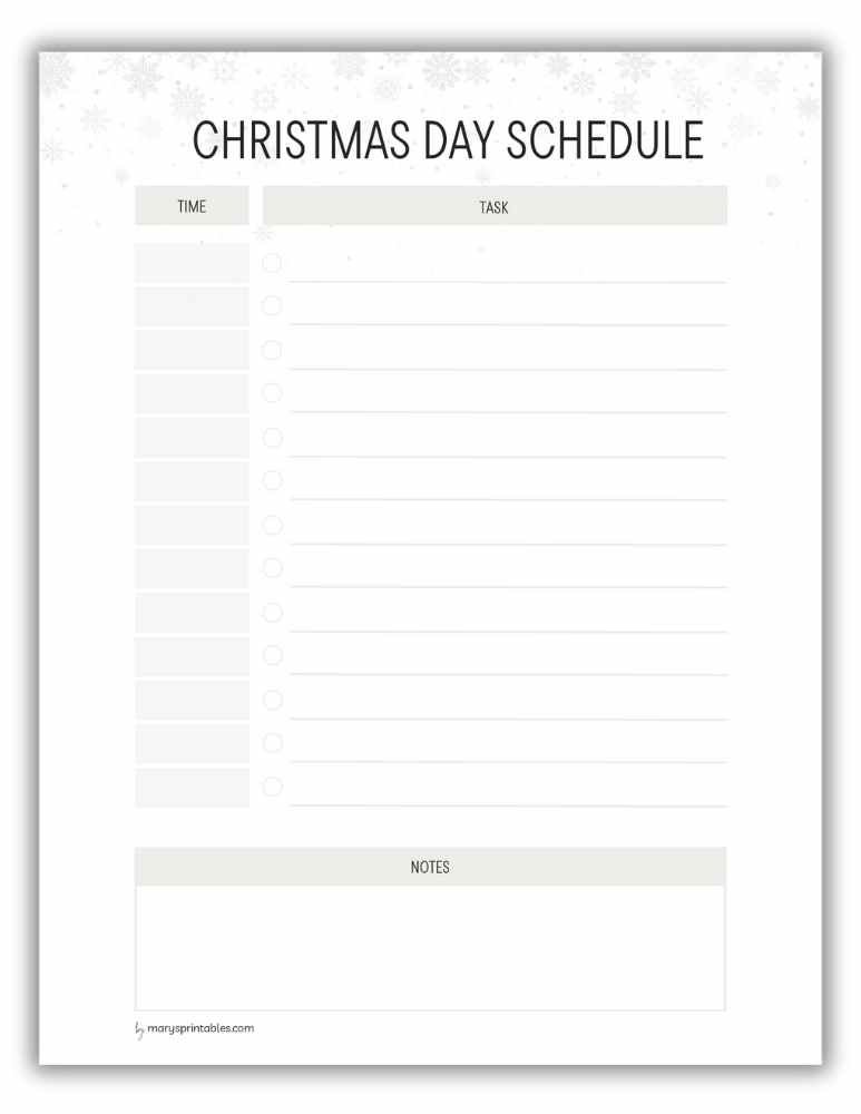 Snow-themed Christmas day schedule printable for winter celebrations