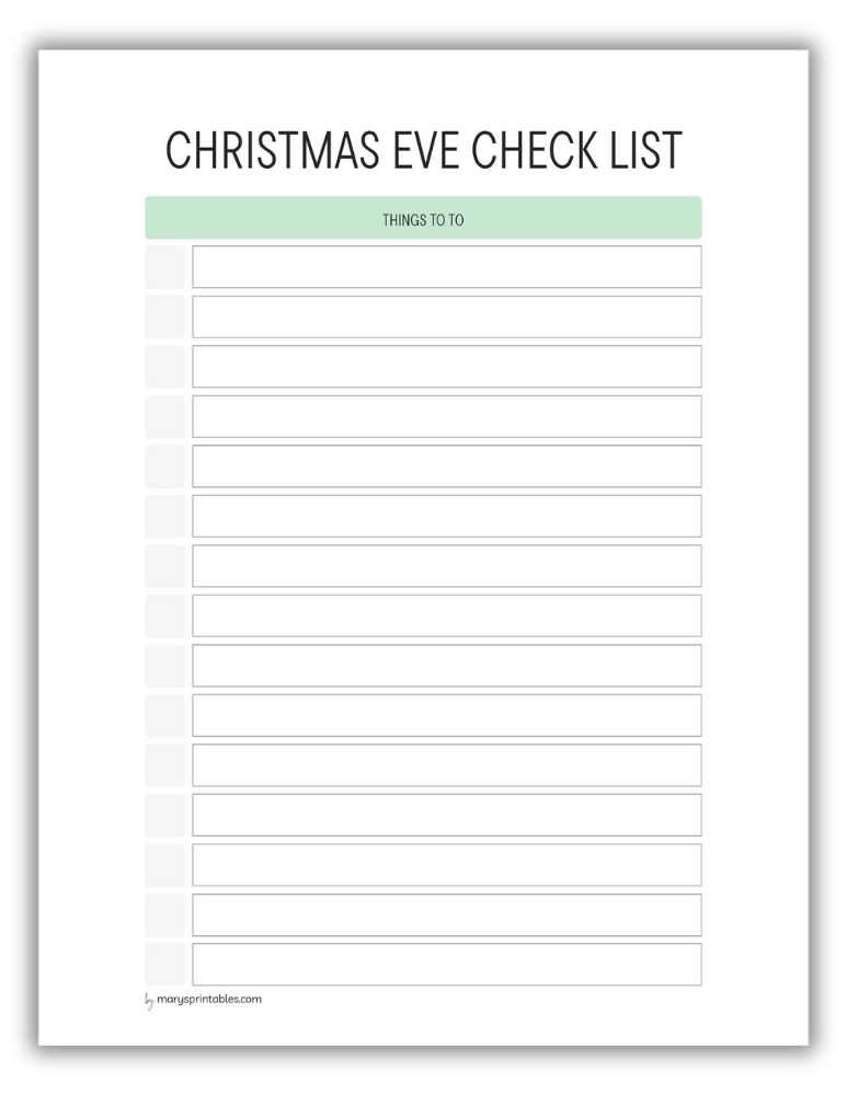 Version 2 Green Christmas Eve checklist printable with organized layout for completing pre-holiday tasks.