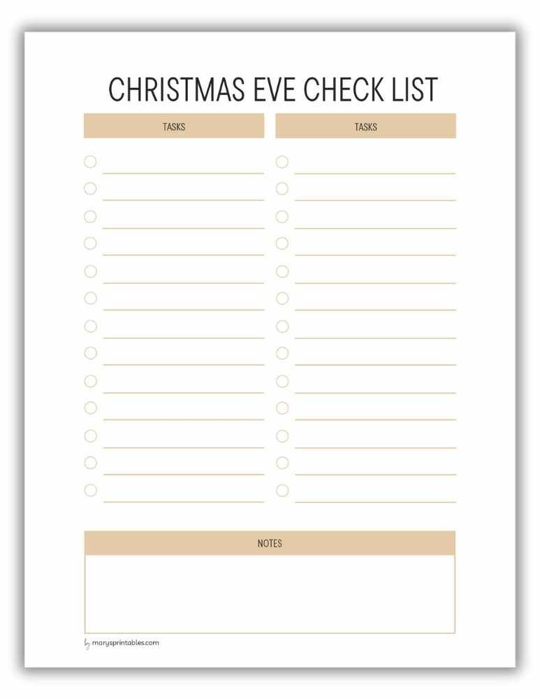 Gold Christmas Eve checklist printable to track last-minute preparations like cooking and wrapping gifts.