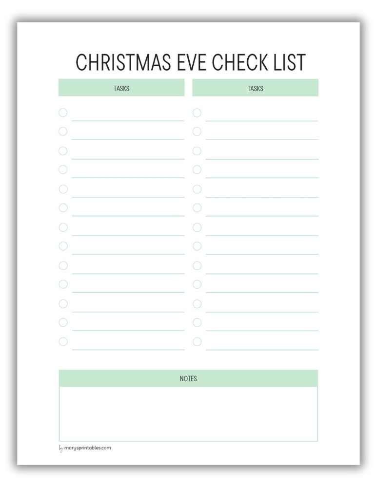 Green Christmas Eve checklist printable with organized layout for completing pre-holiday tasks.