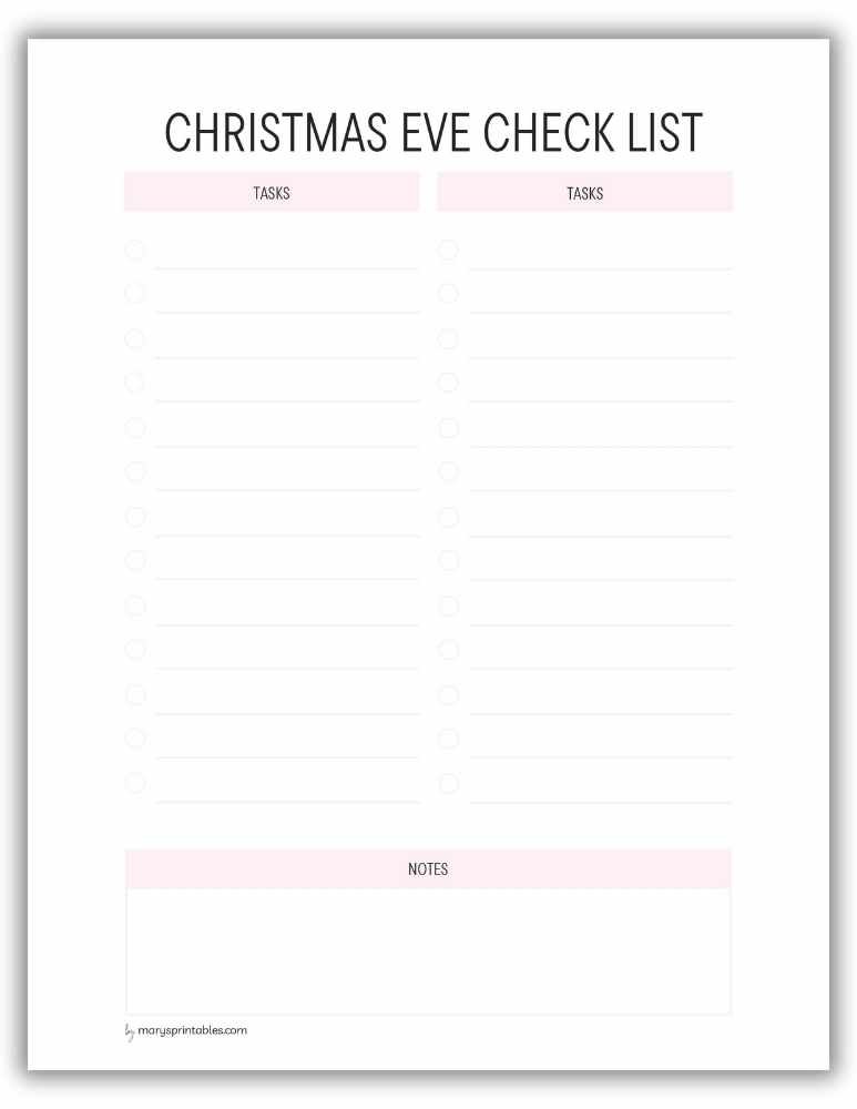 Light red Christmas Eve checklist printable to plan evening traditions and family activities.